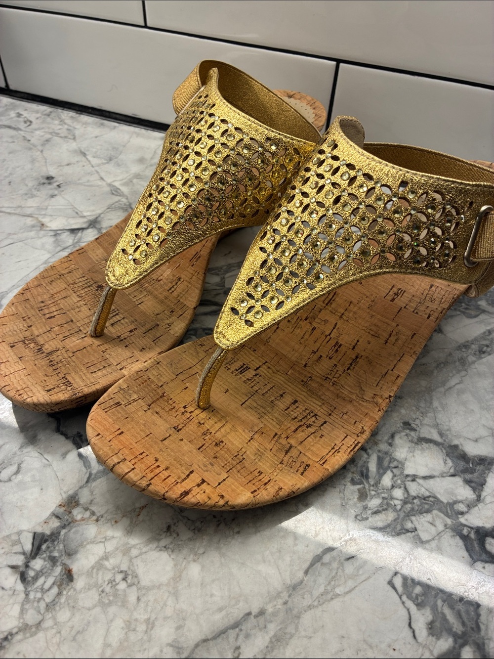 White Mountain Metallic Gold Cork Wedge Thong Sandals  10 low heel wedge
